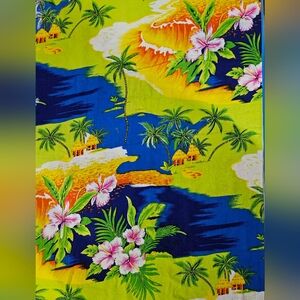 Vintage Tropical Hawaiian Floral Print Fabric - Bright Blue & Lime. $6 A Yard